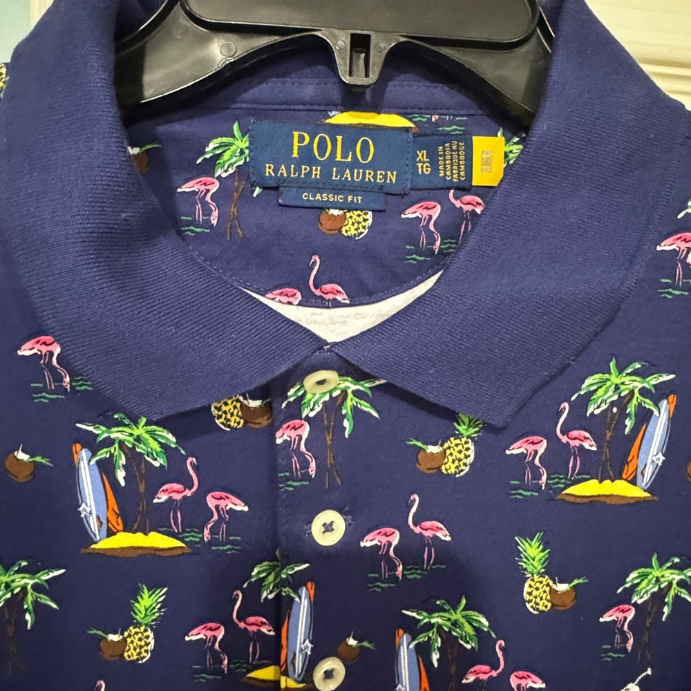 XL Large Polo Ralph Lauren Navy Flamingo Print Golf Shirt
